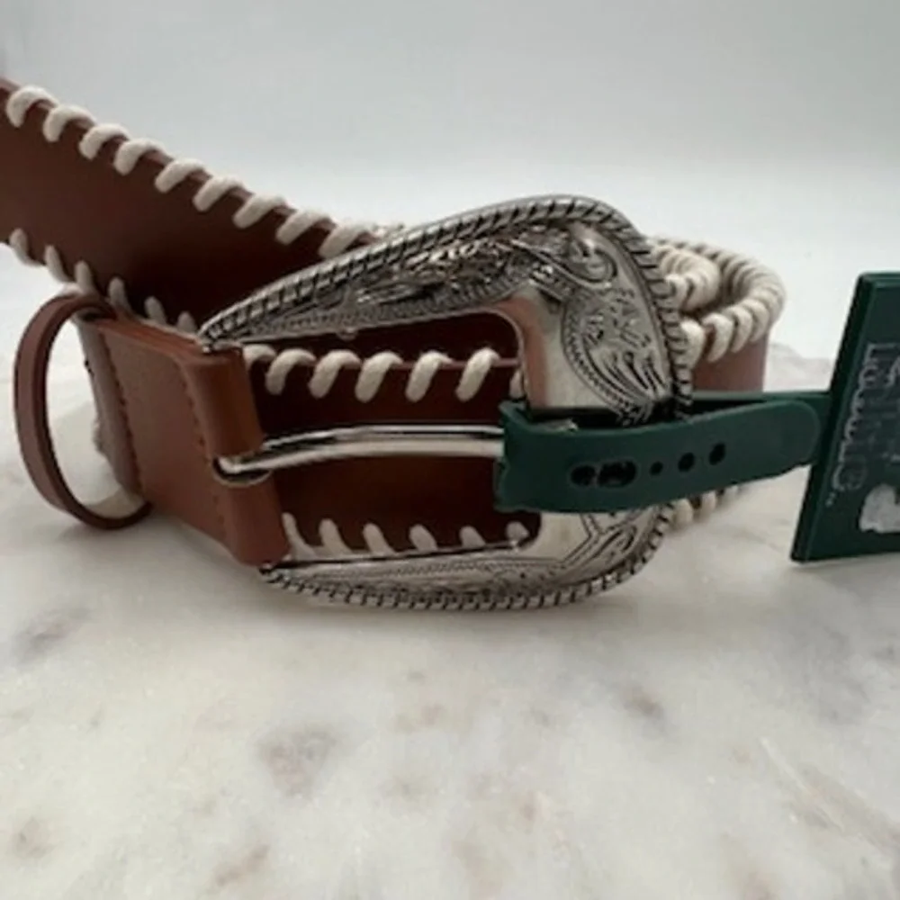 Wild Fable Women Brown Western Whipstitch Belt Silver Engraved Buckle Medium NEW - Picture 2 of 8